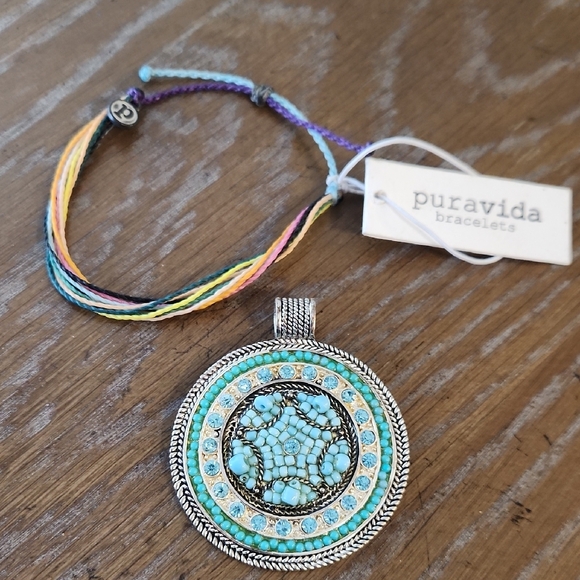 Jewelry - Teal and Silver Tone Pendant and NWT Bracelet